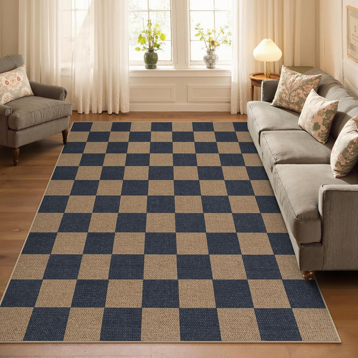 Lahome Checkered Easy Jute Living Room Rugs, 5x7 Dining Room Office Rug Farmhouse Outdoor Patio