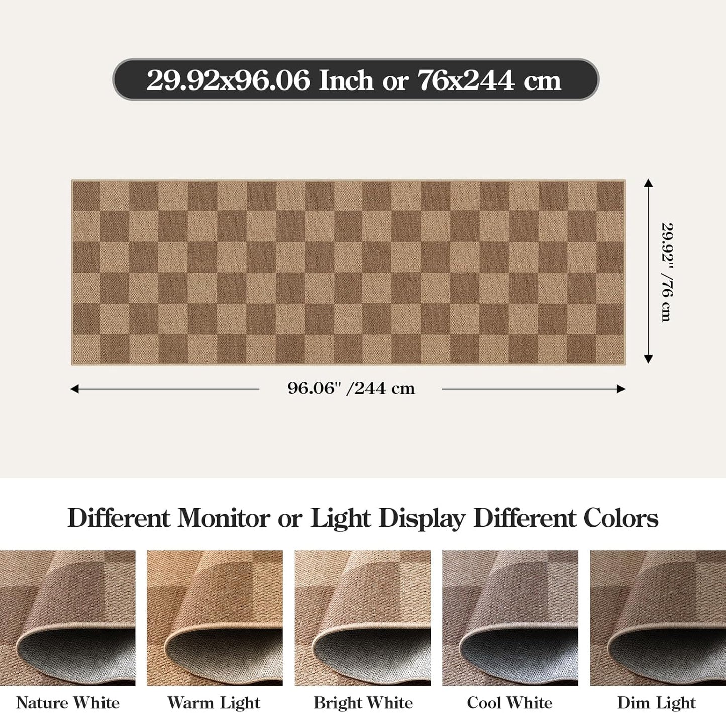 Lahome Checkered Easy Jute Kitchen Runner, 2x8 Washable Indoor Outdoor Runner Rug, Checkerboard Non