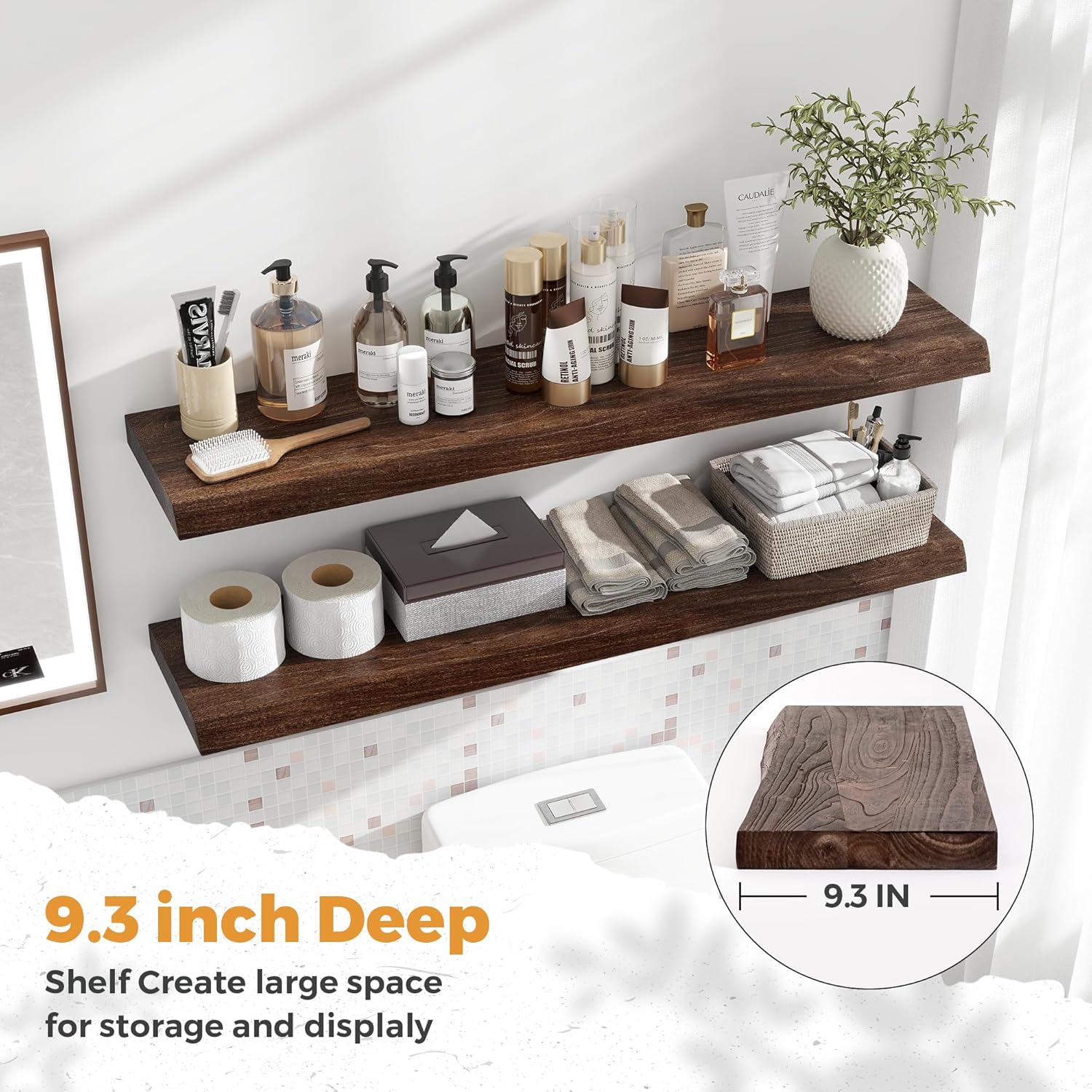 RICHFOCUS Live Edge Elm Floating Shelves - 40" W x 9.3" D Rustic Solid Wood Wall Shelves with