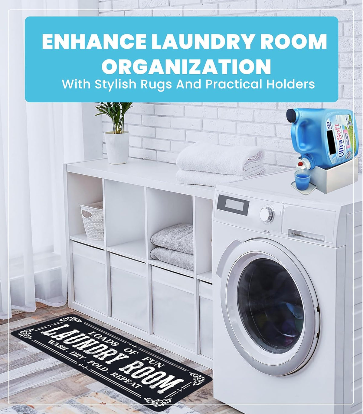 TidyFriend Laundry Detergent Holder with Laundry Room Rug Runner, Detergent Stand for Spill