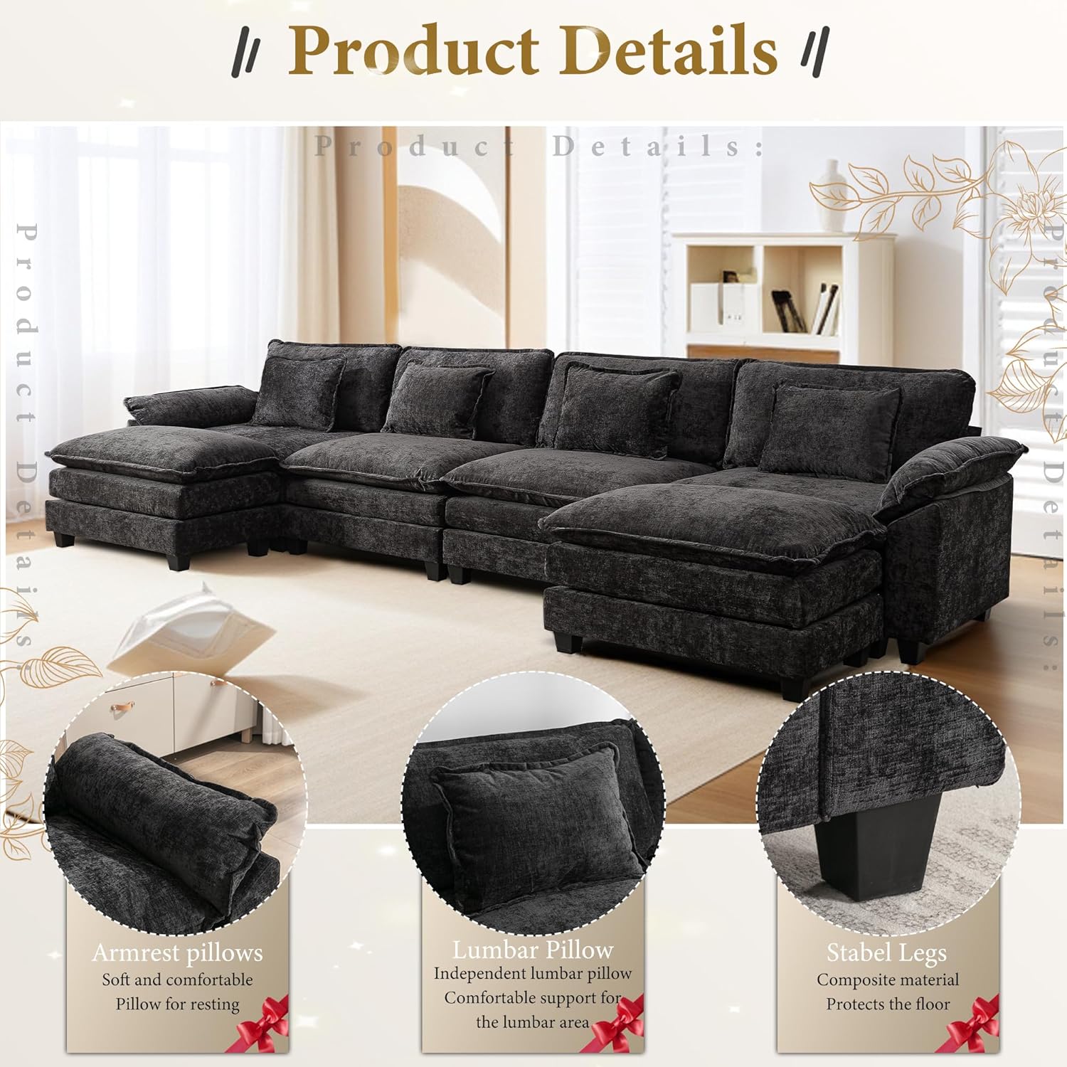 URRED Modular Sectional Sofa Comfy Cloud Couch, Modern Chenille Sofa Sleeper Deep Seat Couches with