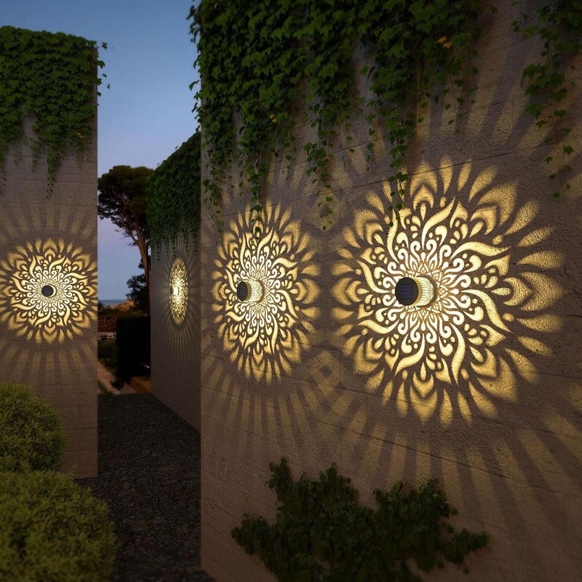 4 Pack Solar Fence Lights Metal Solar Powered Outdoor Wall Deck Step Lights Mandala Theme