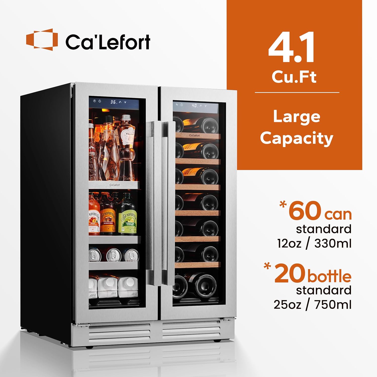 Ca'Lefort 24 Inch Wine and Beverage Refrigerator, 60 Can and 20 Bottle Wine Fridge 36-72°F, 3 LED