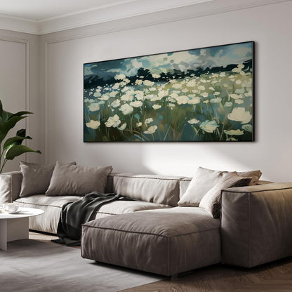 SIGNWIN 36"x72" Extra Large Framed Wall Art White Wildflower Field in Impressionist Style, Soft