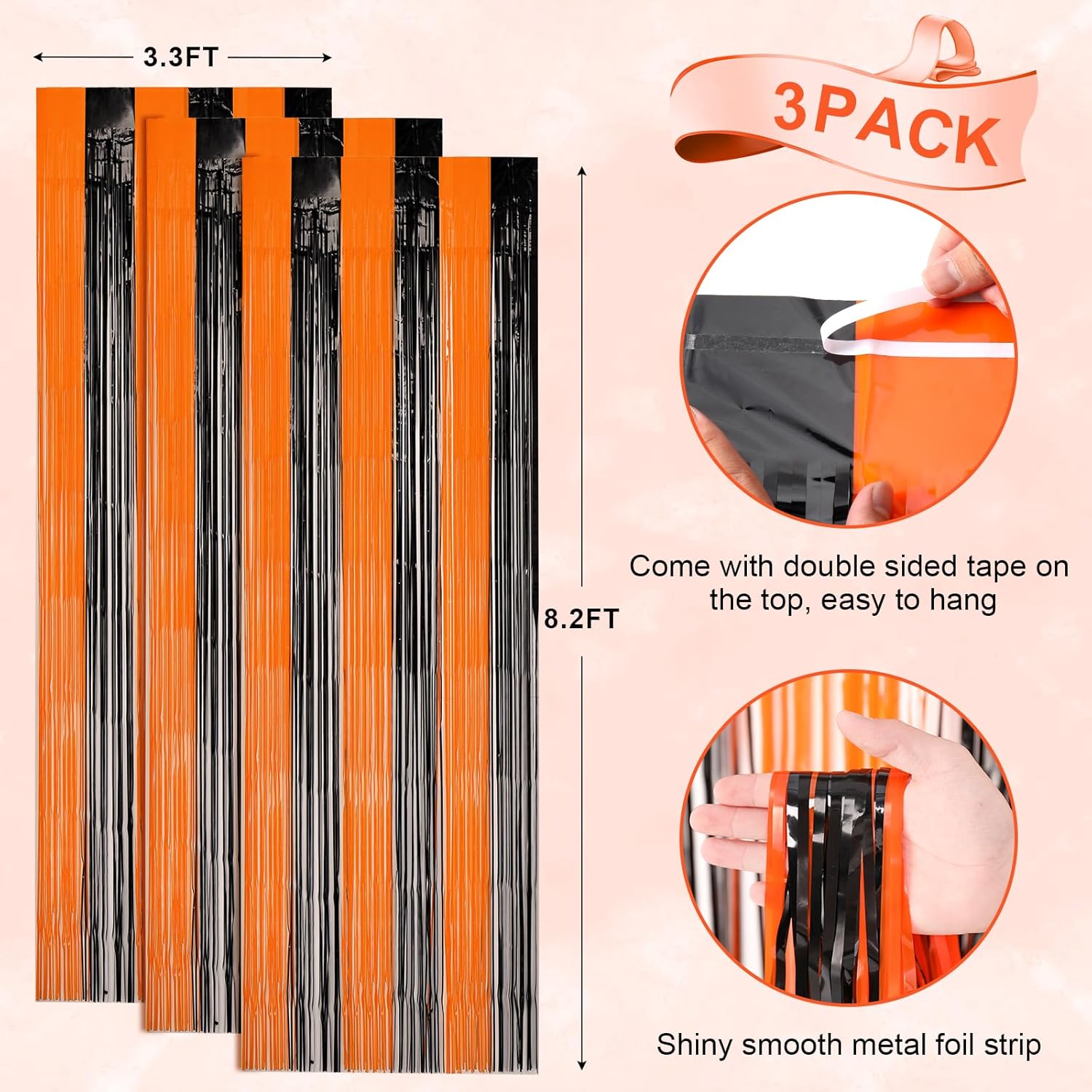 3 Pack 3.3x8.2 Feet Black and Orange Foil Fringe Backdrop Curtains, Tinsel Streamers Birthday Party