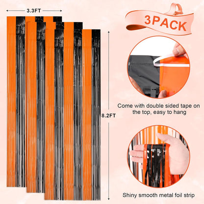 3 Pack 3.3x8.2 Feet Black and Orange Foil Fringe Backdrop Curtains, Tinsel Streamers Birthday Party