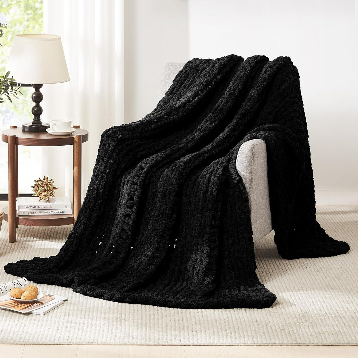 L'AGRATY Chunky Knit Blanket Throw: 72''x84'' Chenille Chunky Knitted Throw Blanket for Bed Couch
