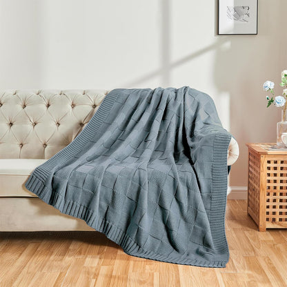CozeCube Check Knit Throw Blanket, Dusty Blue Checkered Throw for Couch, Decorative Christmas Soft