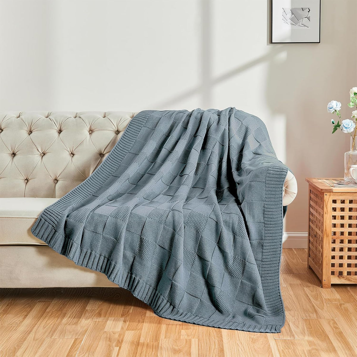 CozeCube Check Knit Throw Blanket, Dusty Blue Checkered Throw for Couch, Decorative Christmas Soft