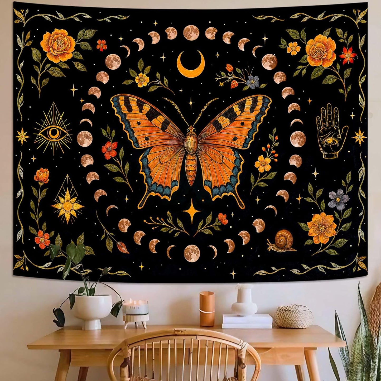 Lunerfex Moon Phase Butterfly Floral Wall Tapestry, Celestial Botanical Tapestries for Room Decor