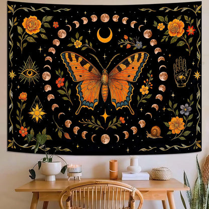 Lunerfex Moon Phase Butterfly Floral Wall Tapestry, Celestial Botanical Tapestries for Room Decor