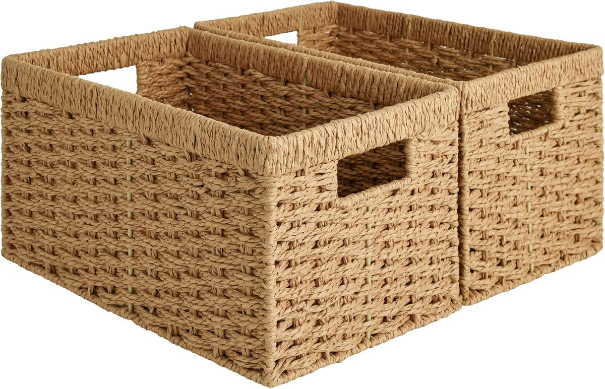 StorageWorks Round Paper Rope Storage Baskets, Rectangular Wicker Baskets with Built-in Handles