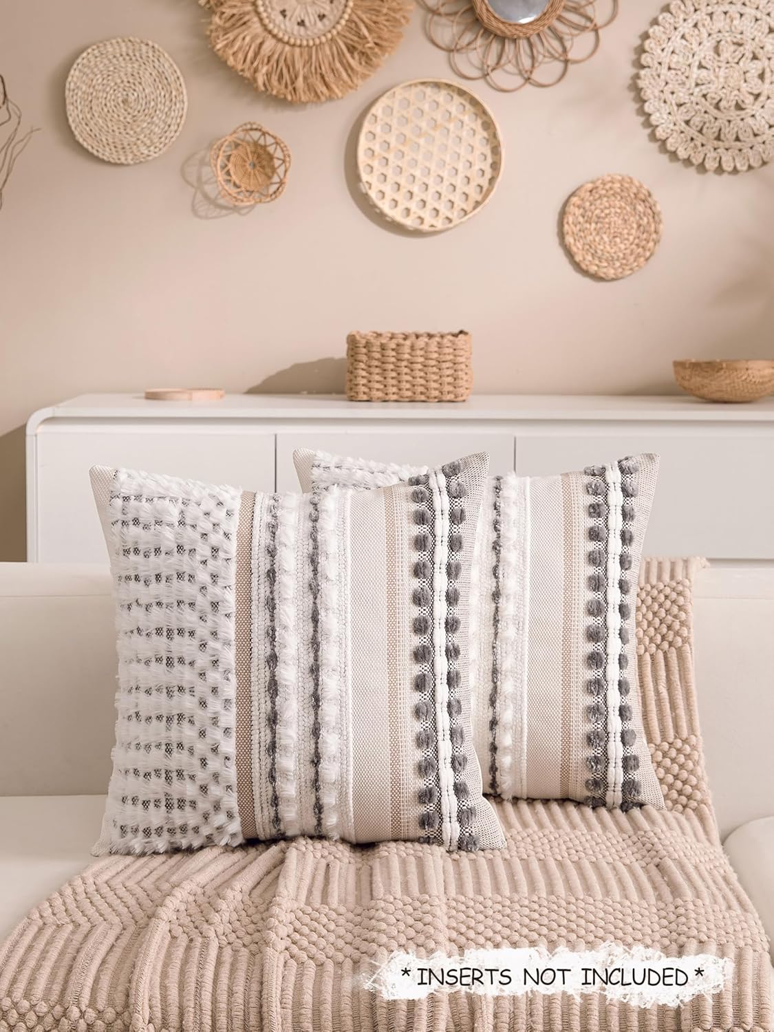 Boho Chenille Tufted Couch Throw Pillow Covers 18x18 Inch Set of 2 Farmhouse Striped Decorative