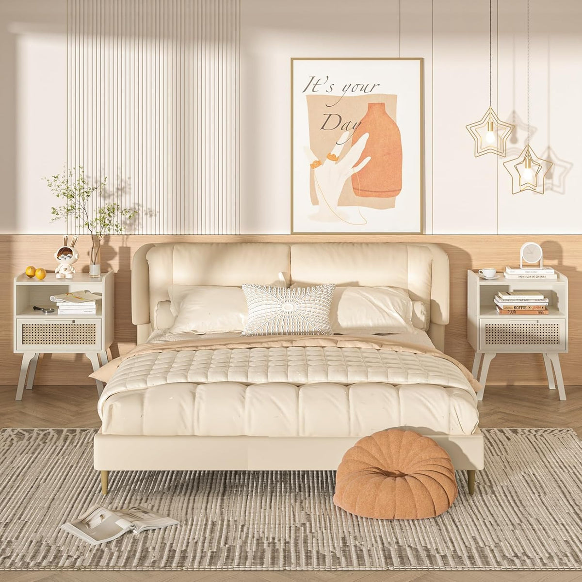 Lerliuo Rattan Nightstand, Side Table with Drawer Open Shelf, Cane Accent Bedside End Table with