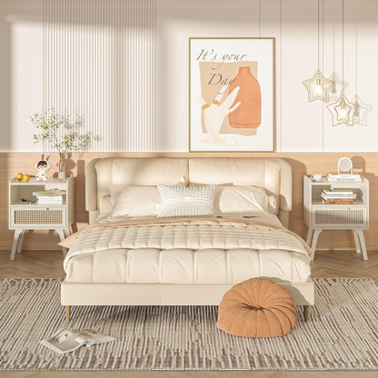 Lerliuo Rattan Nightstands Set of 2, Side Table with Drawer Open Shelf, Cane Accent Bedside End