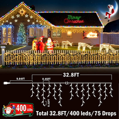 KNONEW Christmas Lights Outdoor Decorations 400 LED 33ft 8 Modes Curtain Fairy String Light with 75