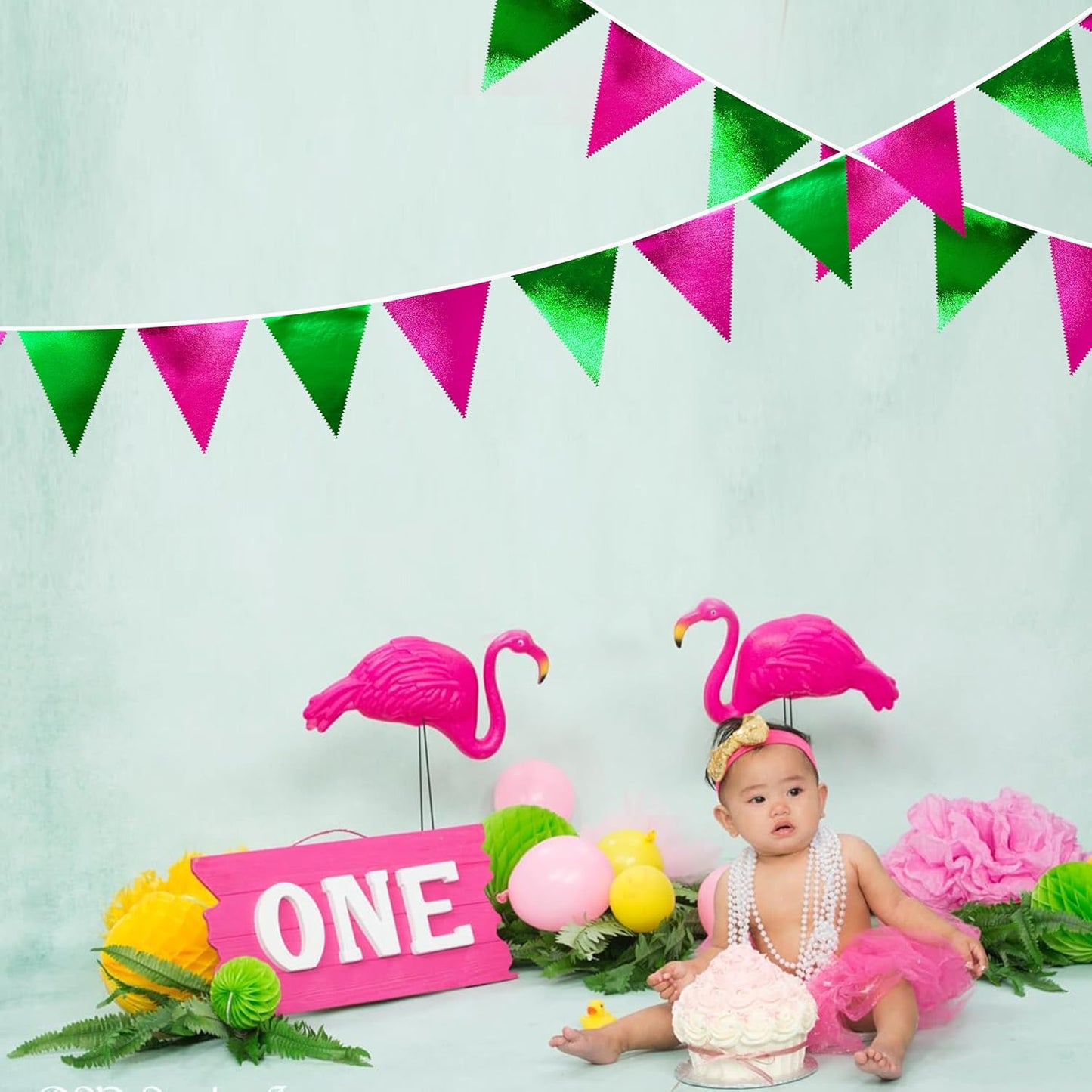 Pink and Green Party Decorations Metallic Hot Pink Light Green Fabric Triangle Pennant Banner Flag