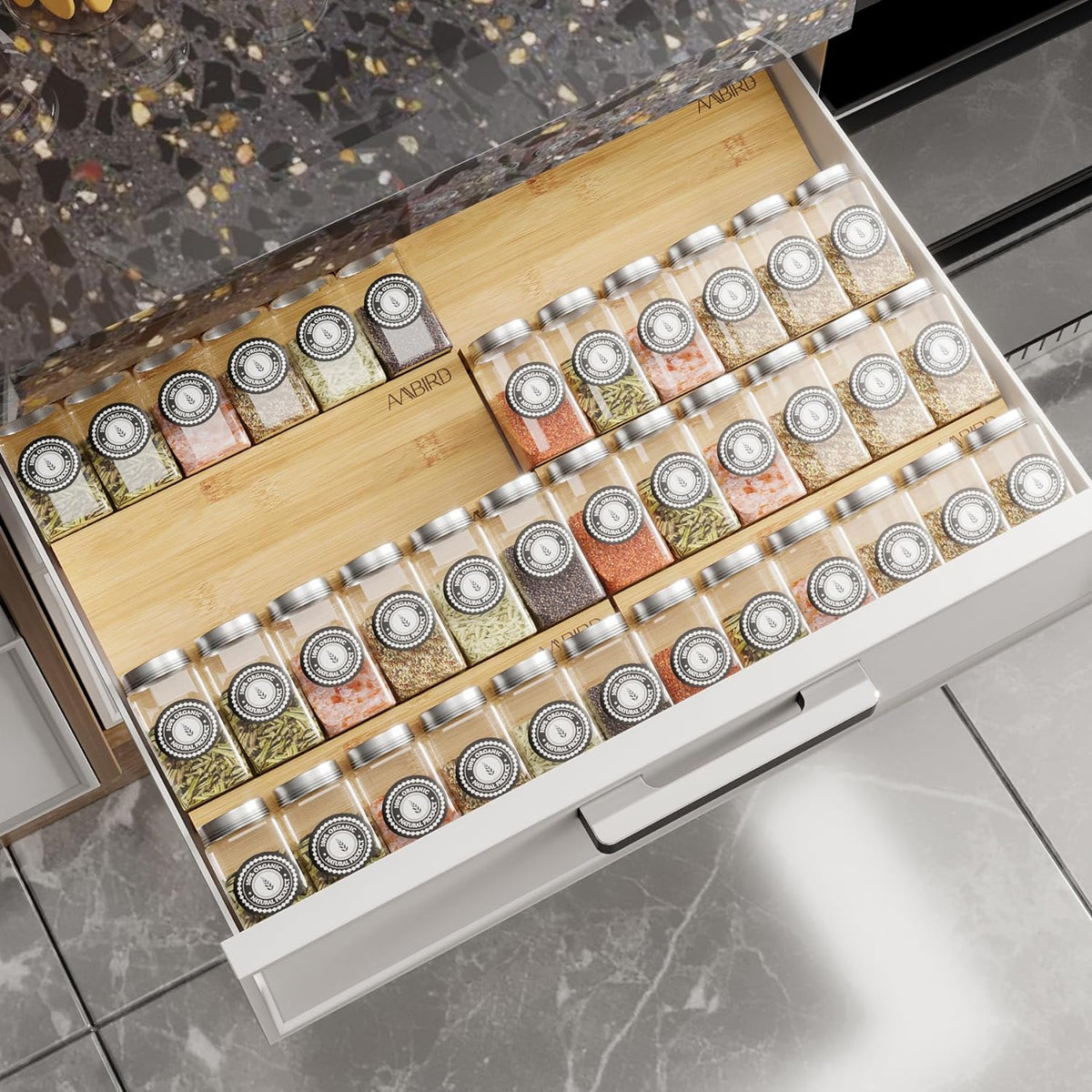 AMBIRD Bamboo Spice Drawer Organizer with Non-slip Mat,4 Tier - 2 Set Jar Spice Rack Tray From