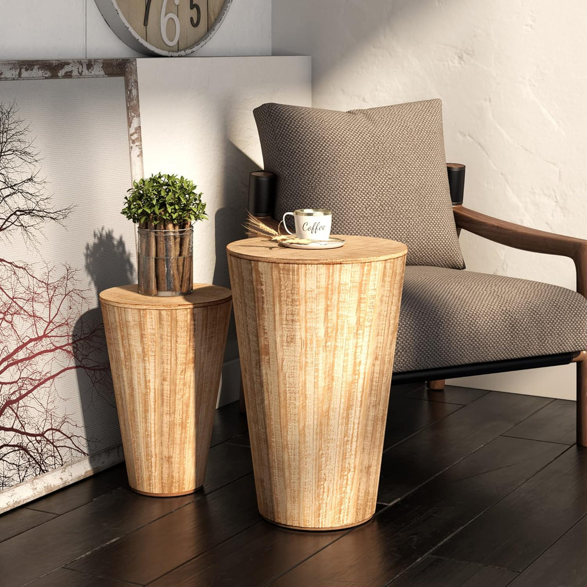 Farmhouse Nesting Barrel Side Table, Rustic Space Saving Storage End Table Set Fully Assembled