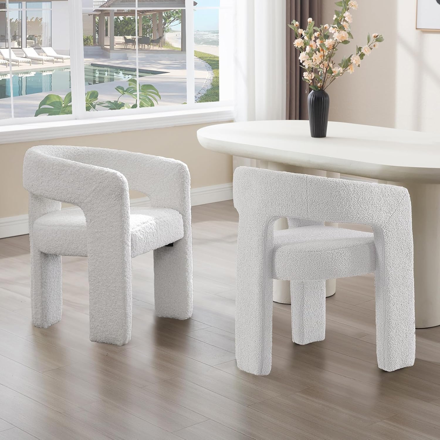 White Boucle Dining Chairs Set of 2, Modern Barrel Dining Room Chairs Upholstered Faux Fur Accent