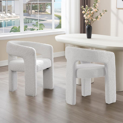 White Boucle Dining Chairs Set of 2, Modern Barrel Dining Room Chairs Upholstered Faux Fur Accent