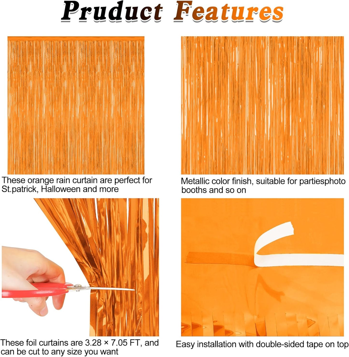 2 Pack Backdrop Curtains, 3.28 FT x 7.05 FT Orange Color Tinsel Backdrop, Metallic Party Streamer