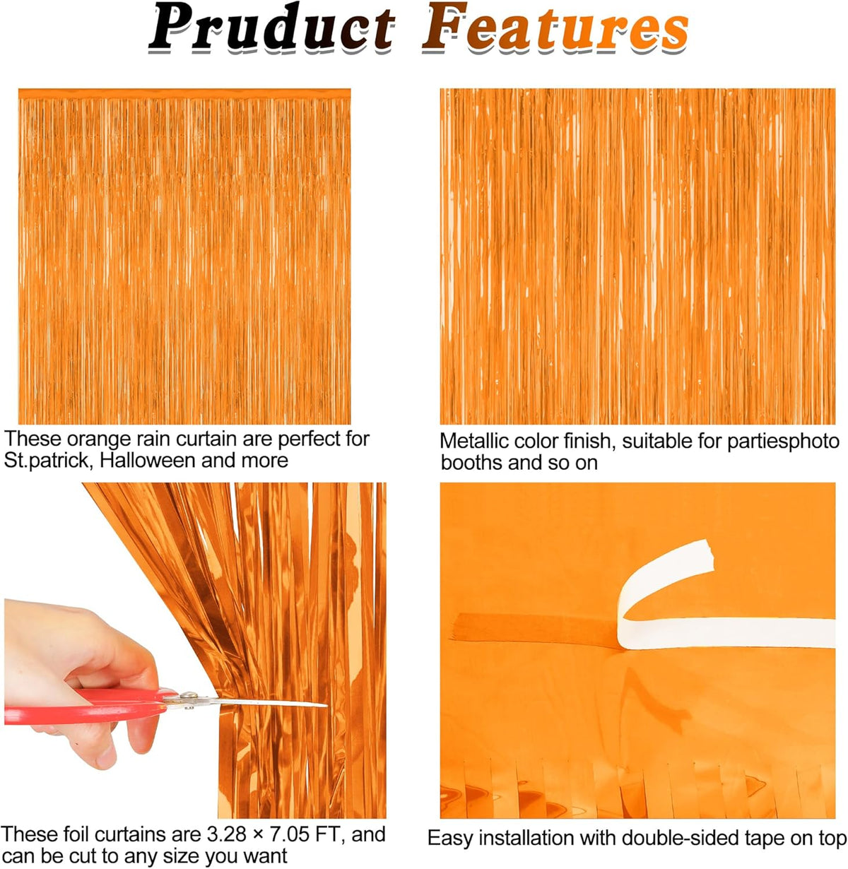 2 Pack Backdrop Curtains, 3.28 FT x 7.05 FT Orange Color Tinsel Backdrop, Metallic Party Streamer