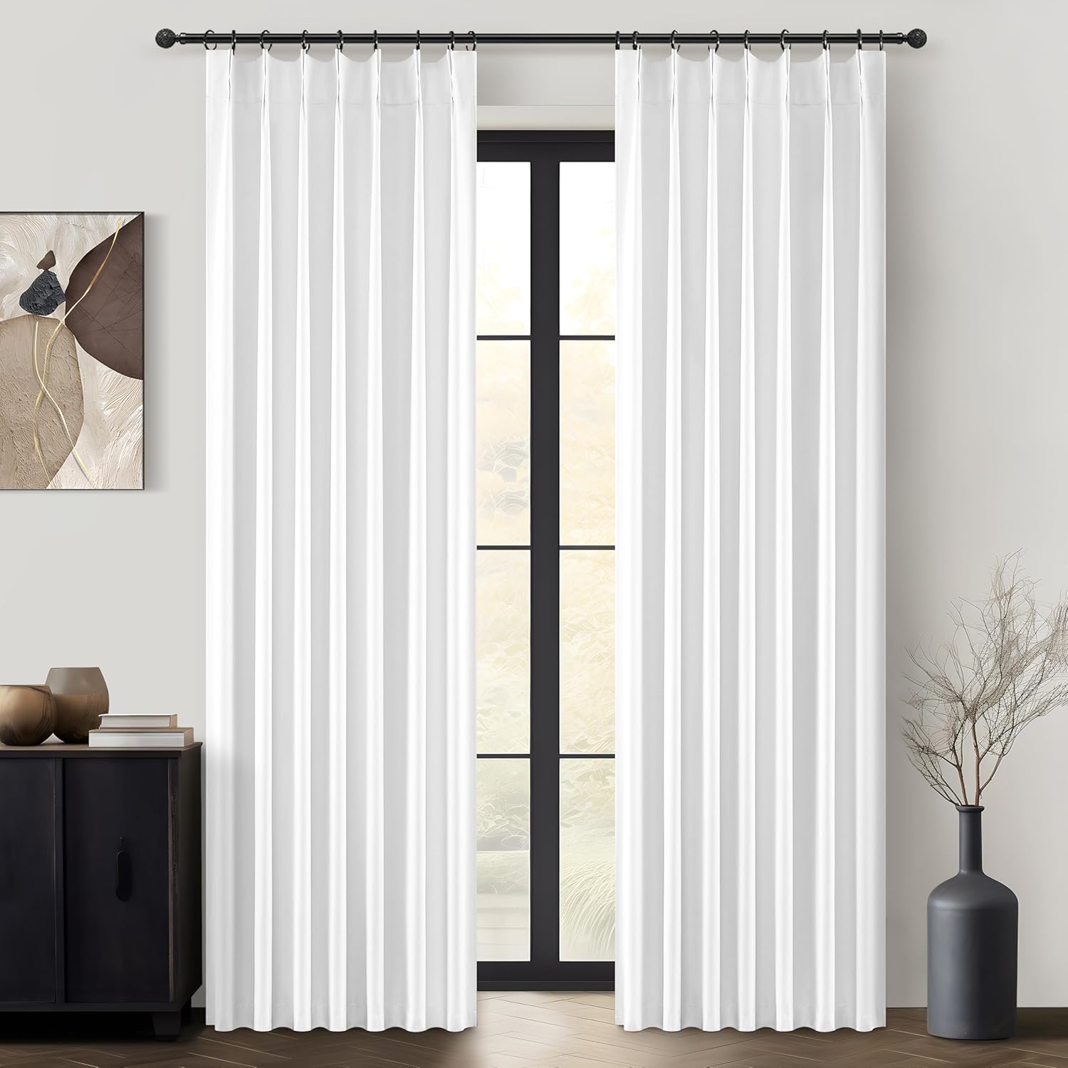 Solid White Blackout Varil Drapes 84 Inch Length 2 Panels Set for Bedroom, Modern Pinch Pleated