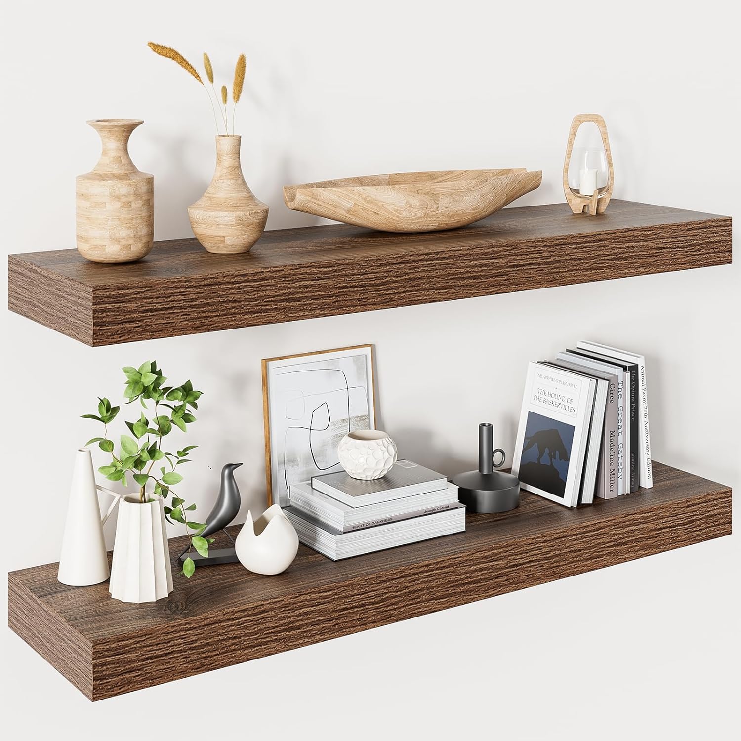 Heimlove 32 Inch Floating Shelves for Wall,Walnut 9.3" Deep Floating Shelf Set of 2,Wall Mounted