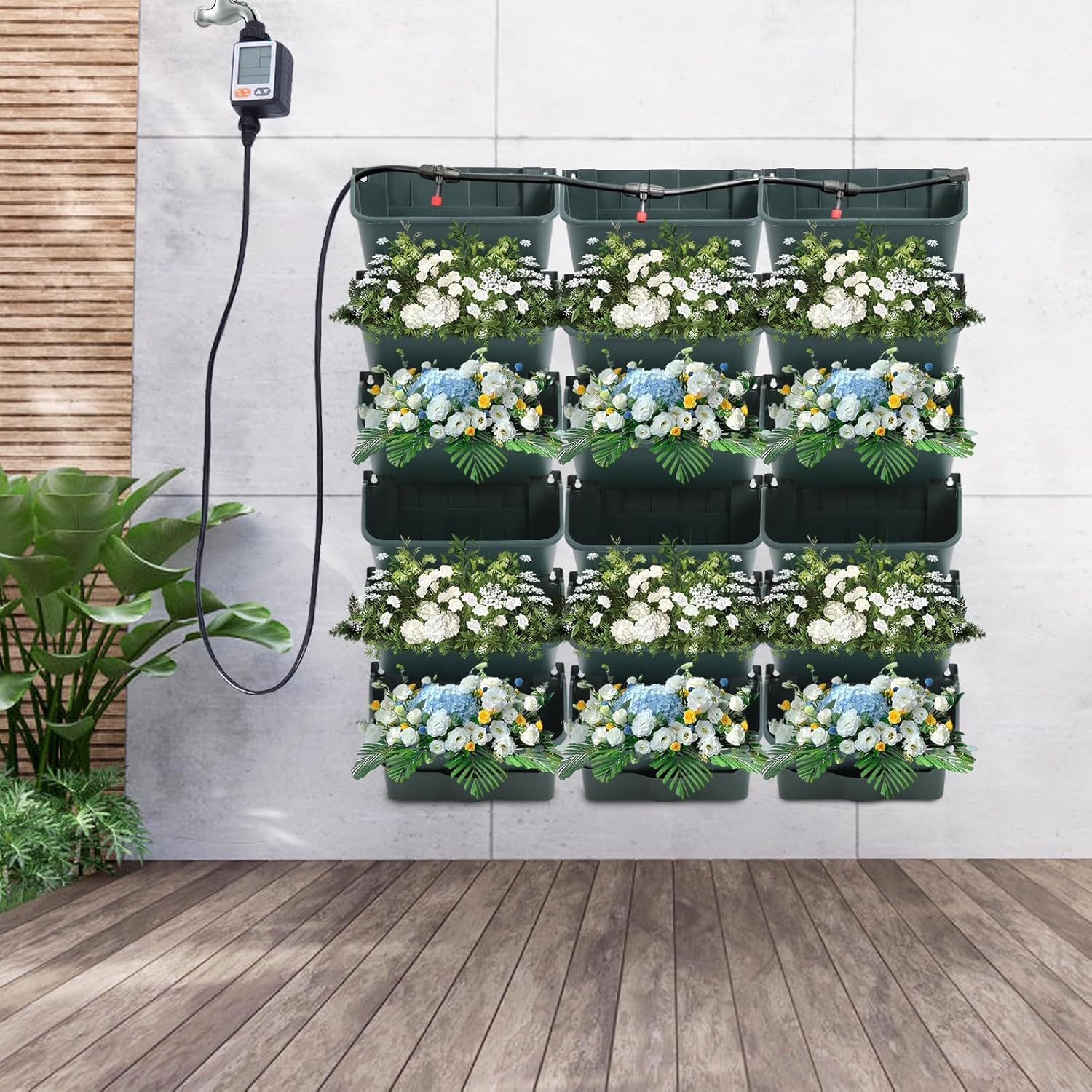 18 Pots Self-Watering Vertical Wall Planter, 39.4”L x 39.4”H Stackable Plastic Wall-Mounted Plant