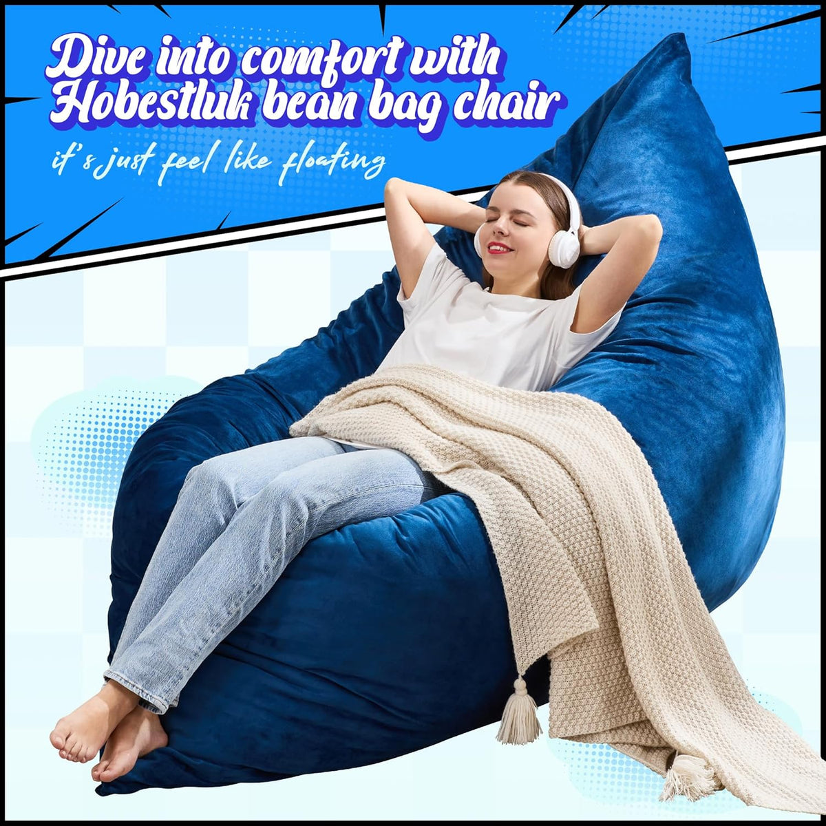 Hobestluk 3 in 1 Bean Bag Chair Giant Bean Bag Chairs for Adults with Velvet Cover Convertible Bean