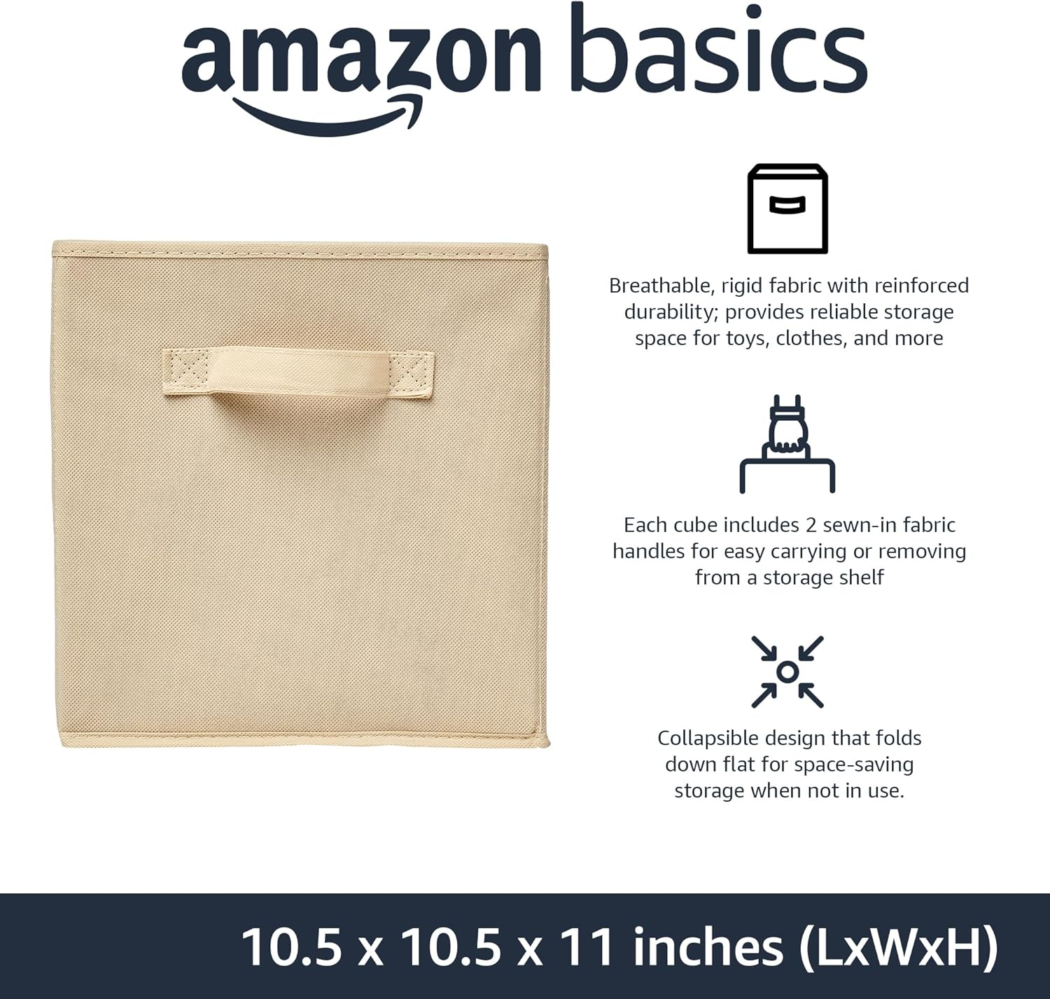Amazon Basics Collapsible Fabric Storage Cubes Organizer with Handles, Sturdy, Beige