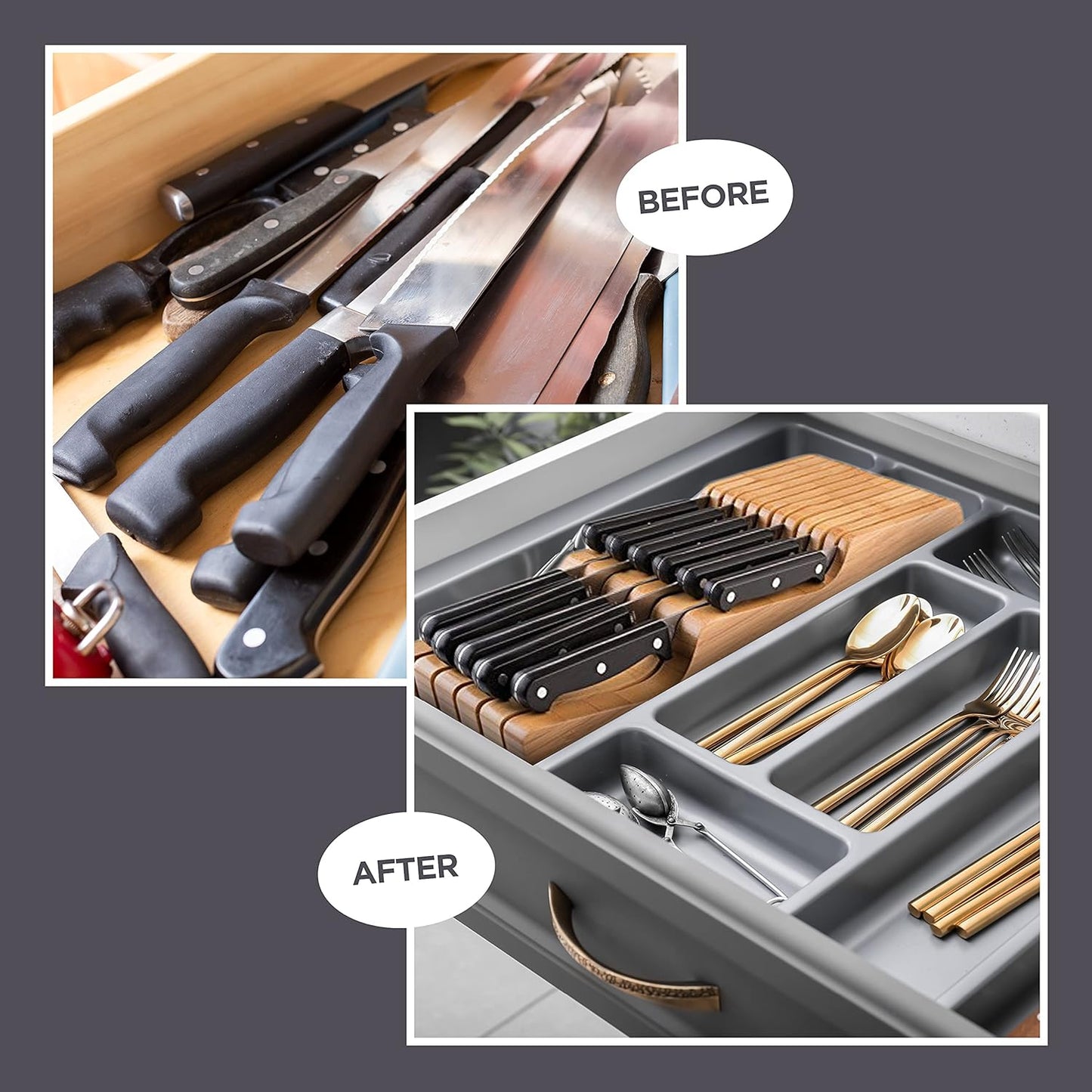 In-Drawer Knife Block - Bamboo Knife Drawer Organizer for Kitchen - Fits 5 Long + 6 Short Knives