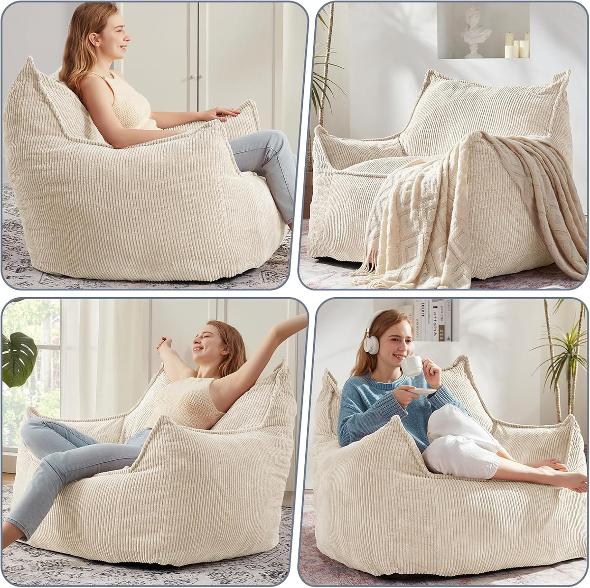Giant Bean Bag Chair Sofa for Adults Teens, Comfy Corduroy Large Bean Bag Chairs with Armrests for