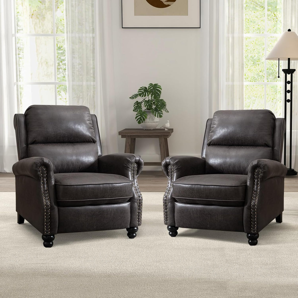 CANMOV Pushback Recliner Chair Set of 2, Faux Leather Armchair Push Back Recliner with Rivet