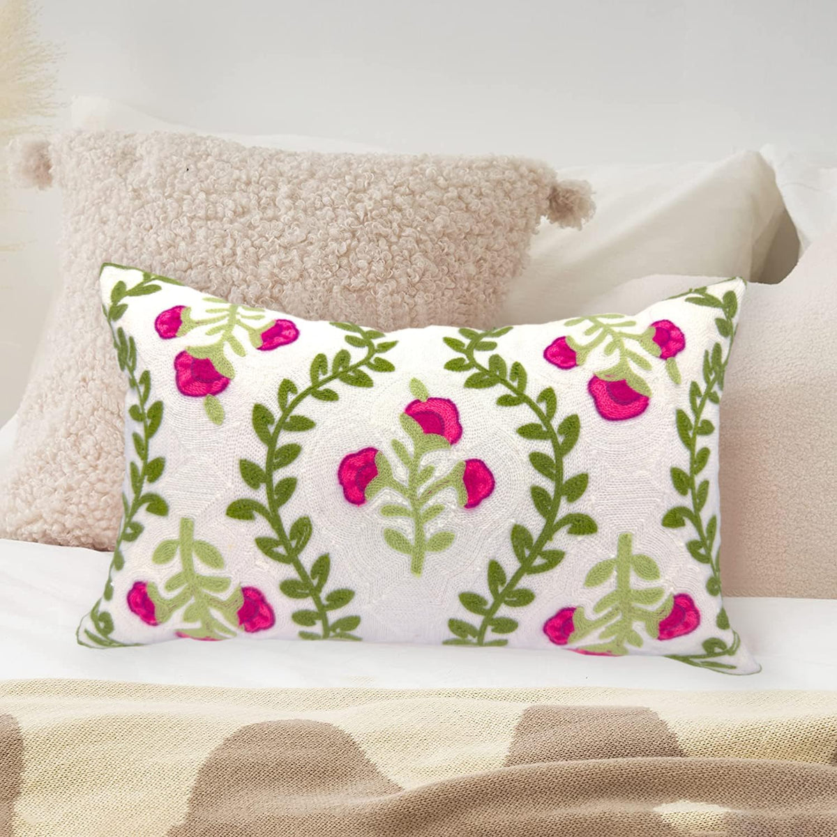 Alysheer Flower Embroidered Summer Decorative Lumbar Throw Pillow Cover 12"x 20", Farmhouse Cottage