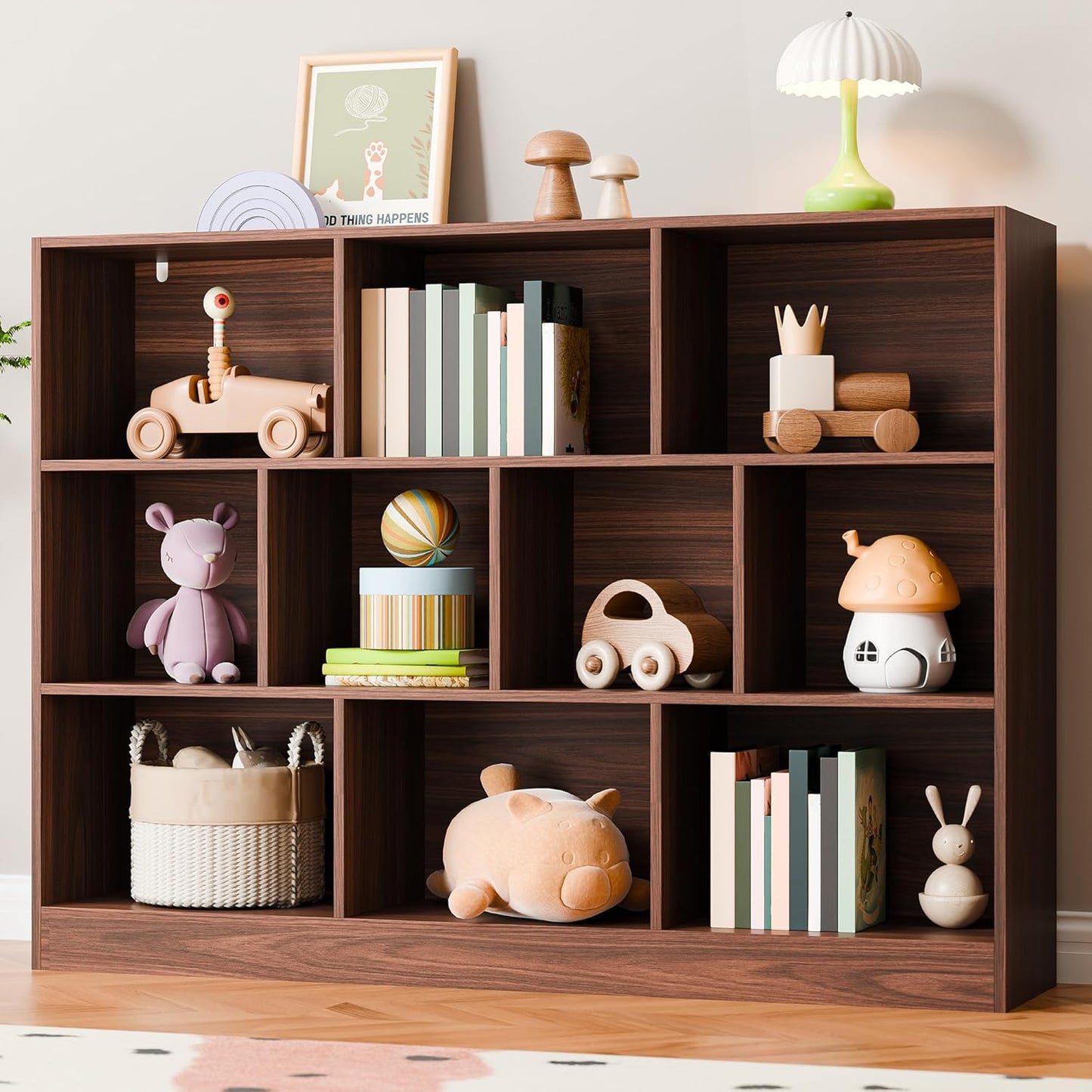 Cozy Castle Brown Bookshelf, 3-Tier Open Shelf Bookcase, 10 Cube Storage Organizer with Anti-Tilt