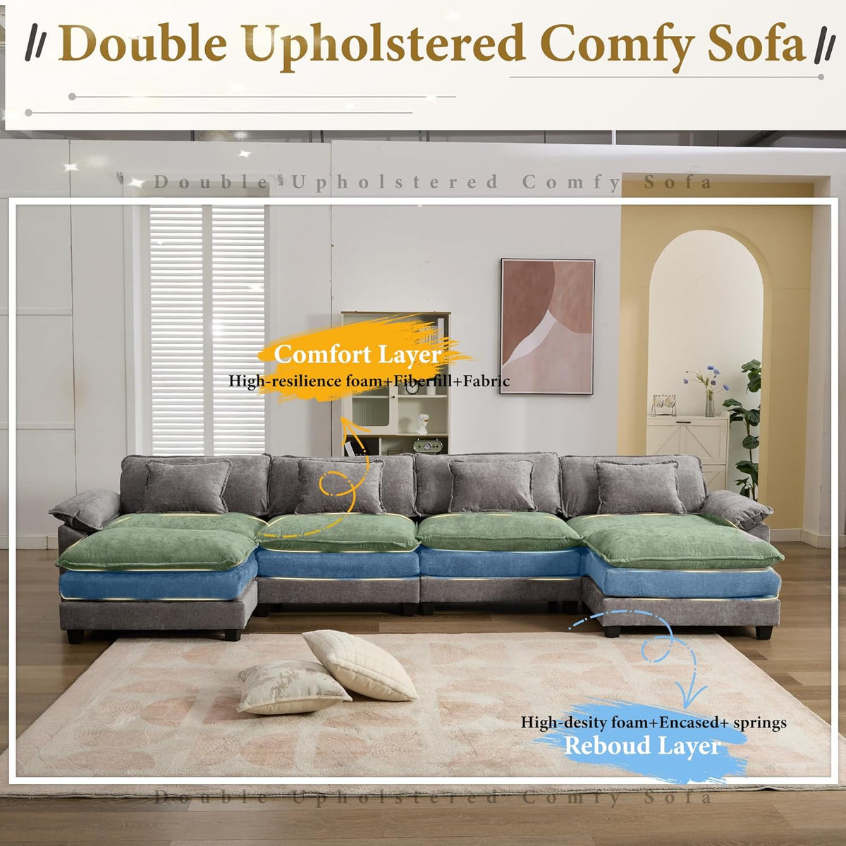 URRED Modular Sectional Sofa Comfy Cloud Couch, Modern Chenille Sofa Sleeper Deep Seat Couches with