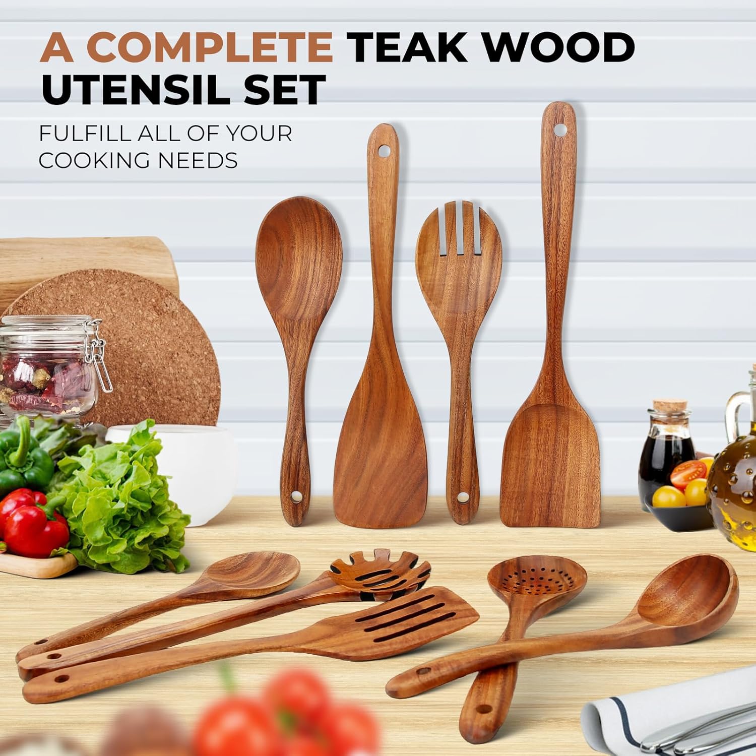 SPATUAMZ Wooden Kitchen Utensils Set, Smooth Finished Wooden Spoons for Cooking, Natural Teak