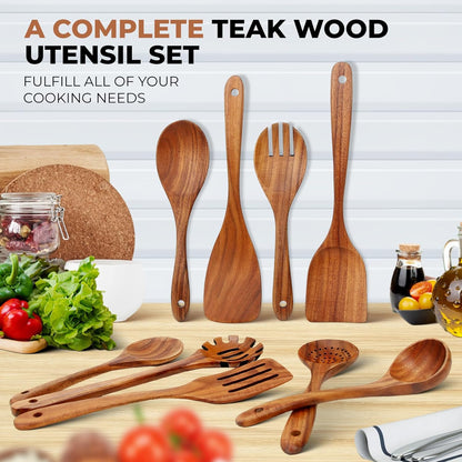 SPATUAMZ Wooden Kitchen Utensils Set, Smooth Finished Wooden Spoons for Cooking, Natural Teak