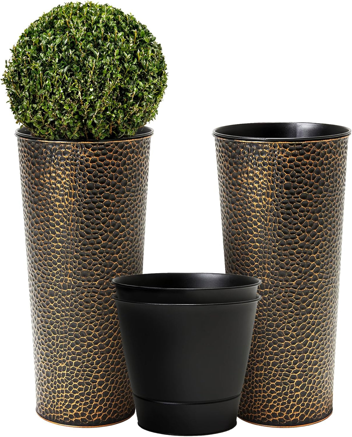 Worth Garden 2-Pack 25" H. Metal Planter with 2X Inside Pots - Hand-Hammered Texture Tall Cone