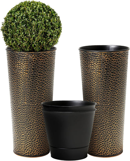 Worth Garden 2-Pack 25" H. Metal Planter with 2X Inside Pots - Hand-Hammered Texture Tall Cone