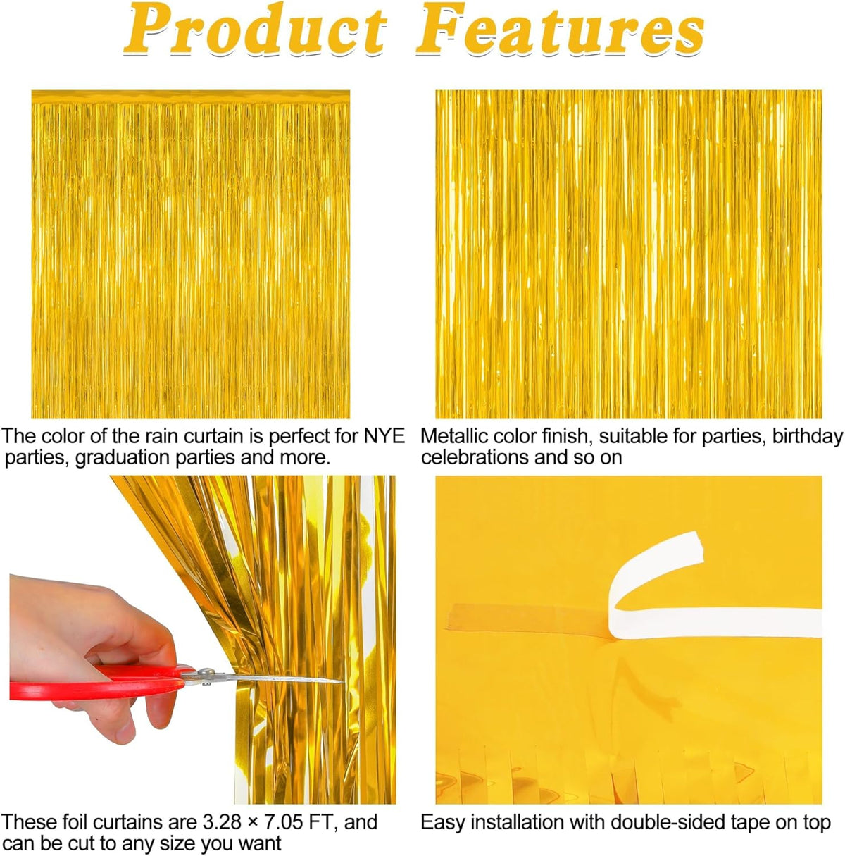 2 Pack Gold Tinsel Backdrop, 3.28 FT x 7.05 FT Metallic Fringe Curtain, Gold Color Graduation
