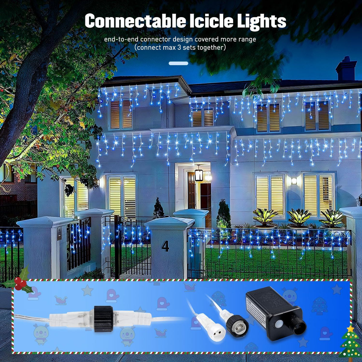 JMEXSUSS Blue&White Icicle Lights - 38.8FT 400 LED Icicle String Lights with Remote for