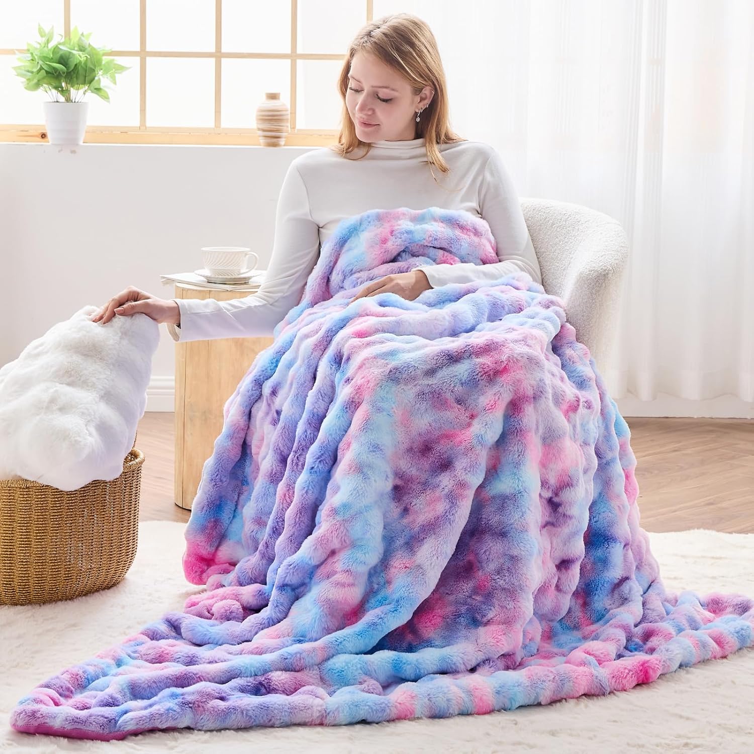 NEWCOSPLAY Faux Fur Twin Blanket Purple Rainbow Luxury Fluffy Thick Warm Bubble Blanket for Couch