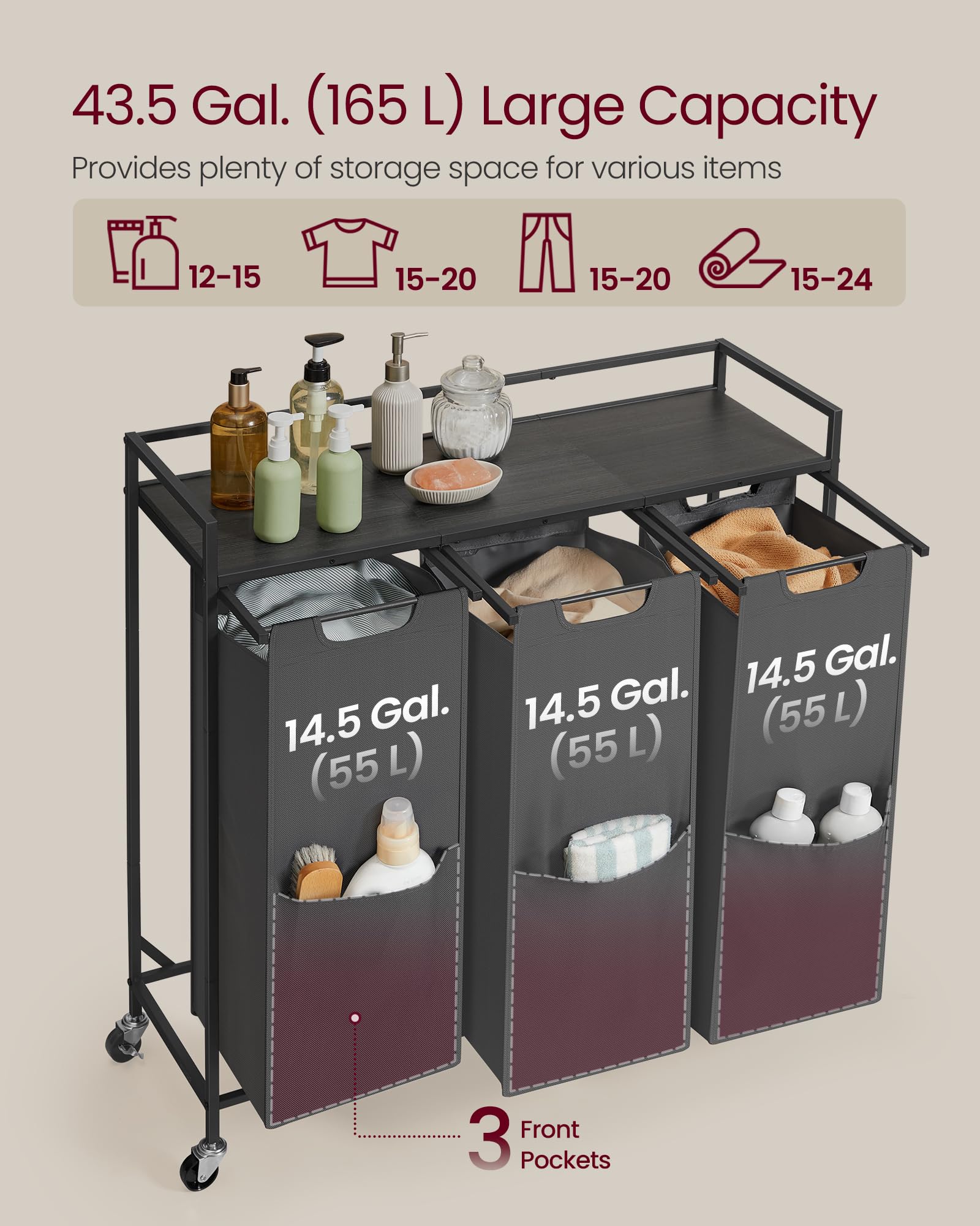 VASAGLE Laundry Sorter, 43.5 Gal. (165 L) Laundry Hamper Basket with 3 Compartments, Rolling Cart