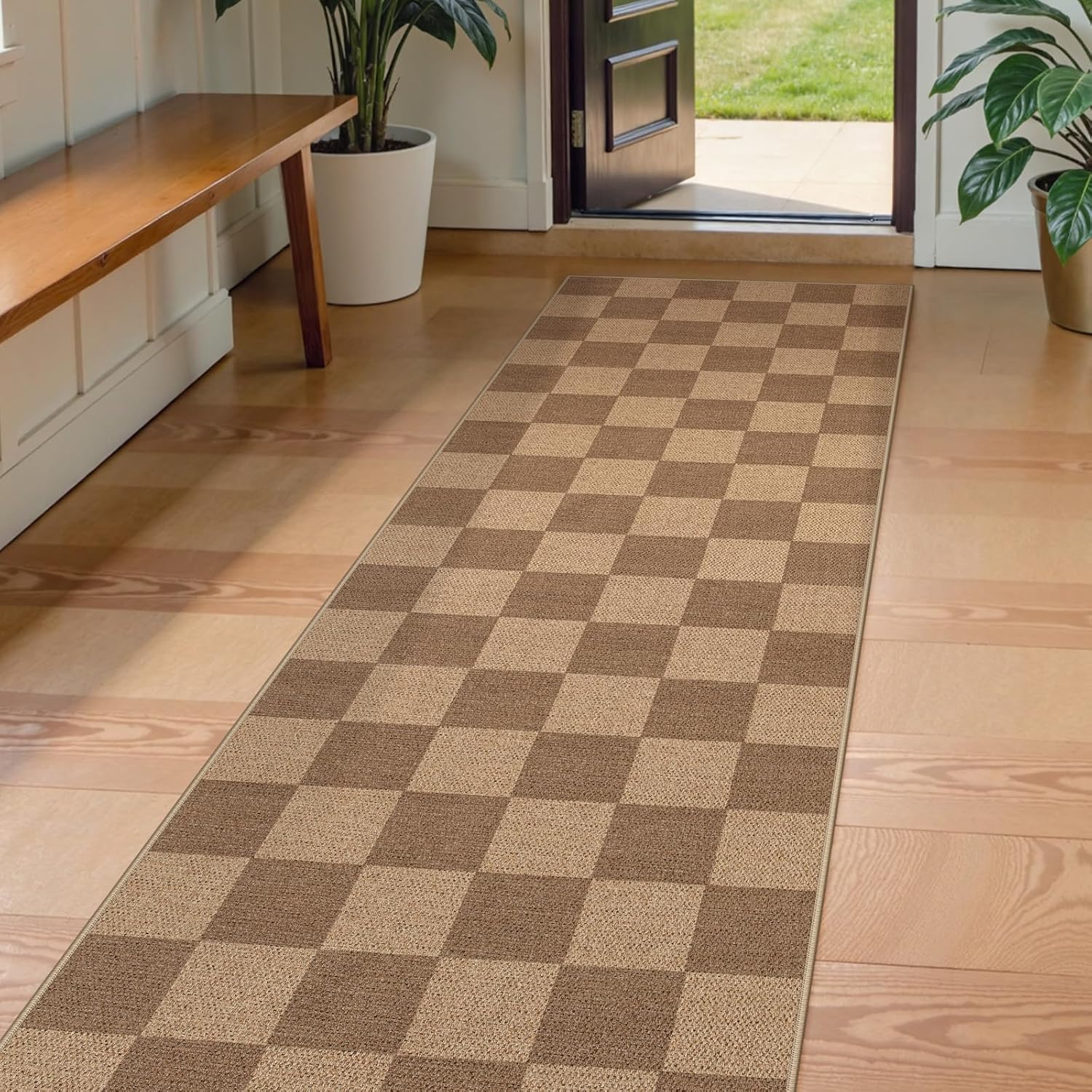 Lahome Checkered Easy Jute Kitchen Runner, 2x8 Washable Indoor Outdoor Runner Rug, Checkerboard Non