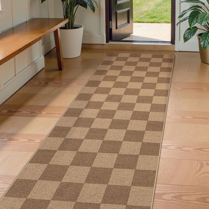 Lahome Checkered Easy Jute Kitchen Runner, 2x8 Washable Indoor Outdoor Runner Rug, Checkerboard Non