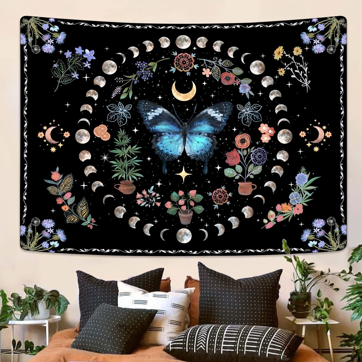 Fowocu Blue Butterfly Moon Flower Tapestry Boho Floral Plant Tapestries for Bedroom Aesthetic