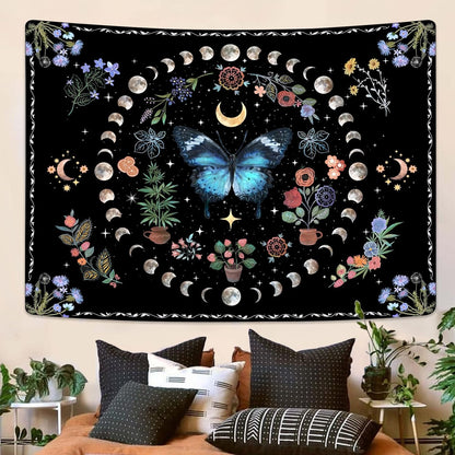 Fowocu Blue Butterfly Moon Flower Tapestry Boho Floral Plant Tapestries for Bedroom Aesthetic